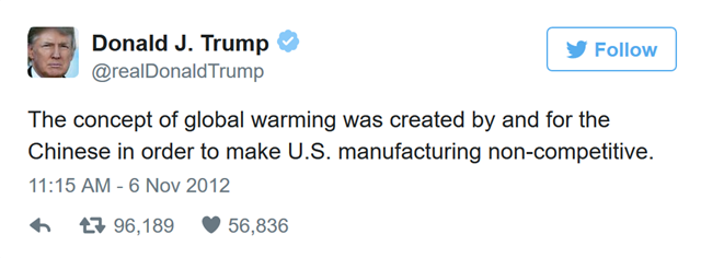 Donald J. Trump's tweet from 6 November 2012, denying global warming: 'The concept of global warming was created by and for the Chinese in order to make U.S. manufacturing non-competitive.' Graphic: Twitter