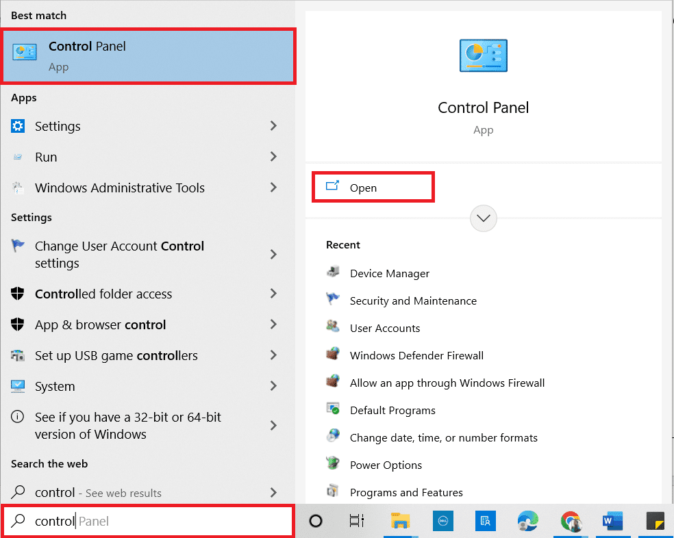 Appuyez sur la touche Windows et tapez Panneau de configuration.  Ensuite, cliquez sur Ouvrir.  Correction de l'erreur stdole32.tlb dans Windows 10