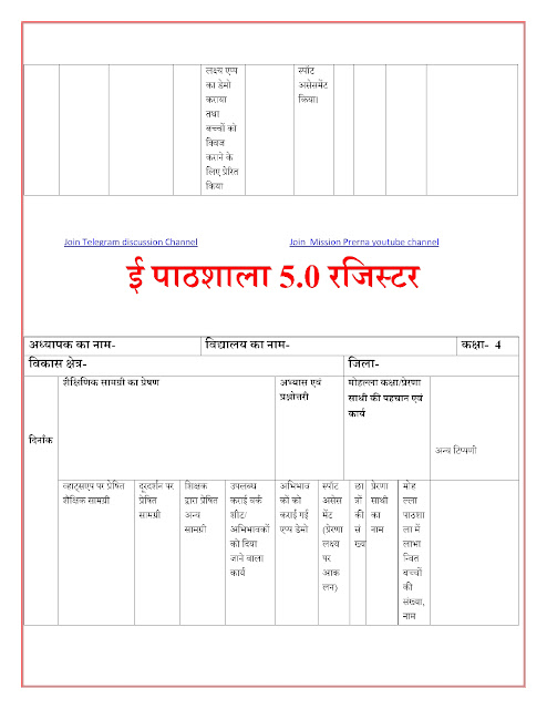 Epathshala Register for class 1 to 8  And Teacher diary  filling Action Plan from 19 July to 24 July 2021 : ई पाठशाला रजिस्टर व शिक्षक डायरी भरने की कार्ययोजना दिनांक 19 जुलाई 2021 से 24 जुलाई 2021 तक