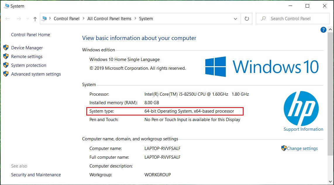 Controlla il tipo di sistema e verifica se hai un sistema operativo a 32 o 64 bit |  Correggi l'errore di aggiornamento di Windows 0x80070643