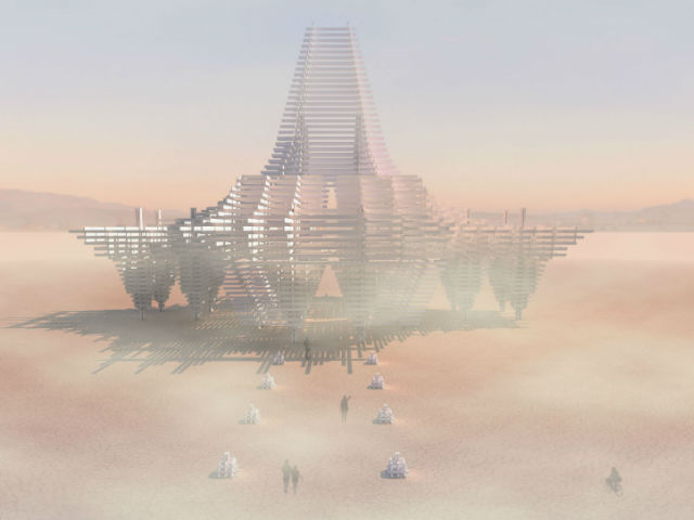 Design for the 2017 Burning Man Temple, made from 3,000 boards milled from trees killed by the recent California drought. Graphic: Steven Brummond, Marisha Farnsworth, and Mark Sinclair / Temple2017.org