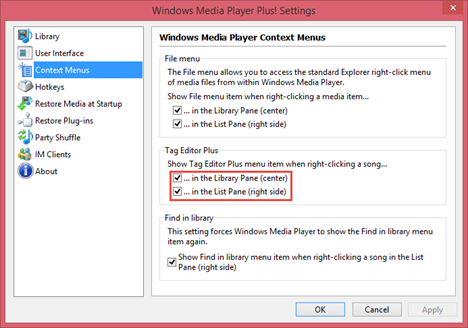 Windows Media Player Plus!, extra, instellingen