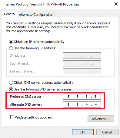 Establezca el servidor DNS preferido y el servidor DNS alternativo: