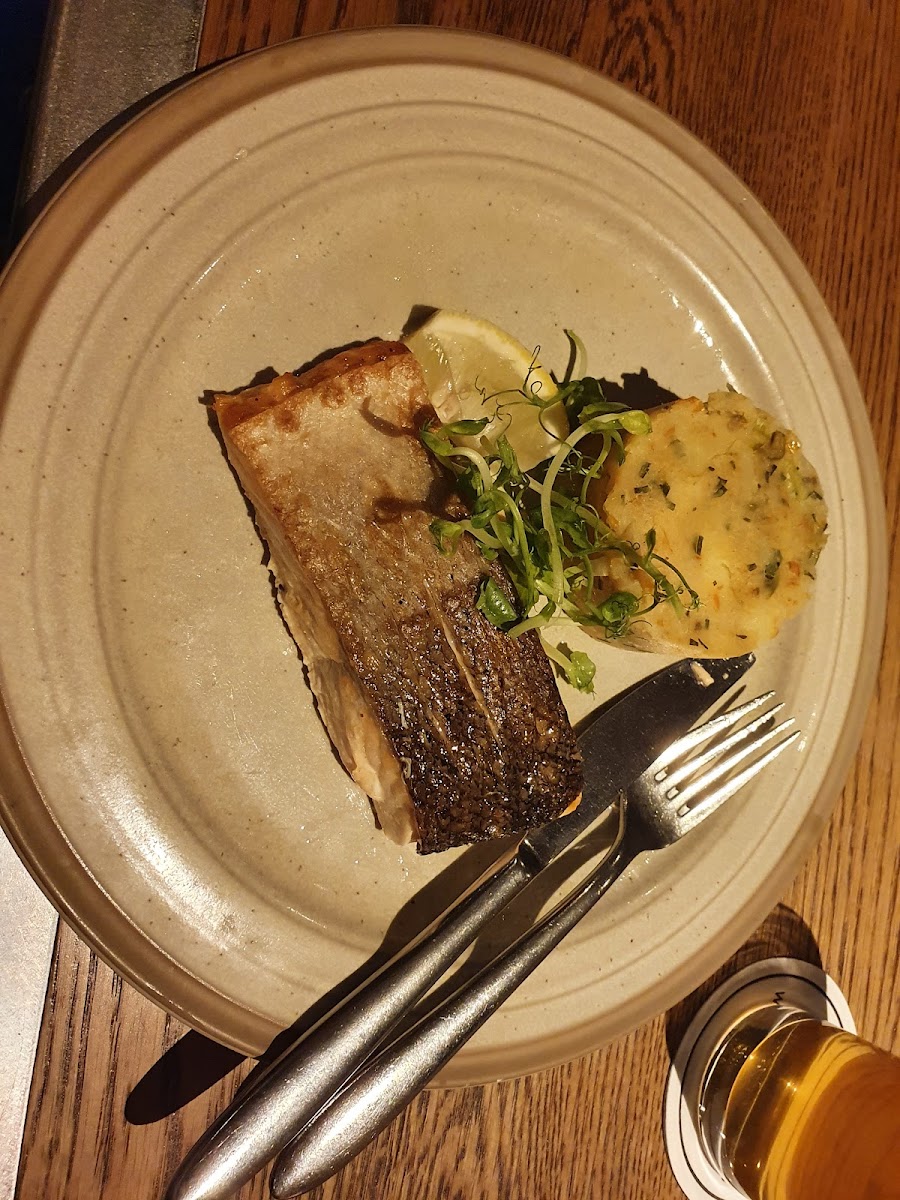 Salmon with tomato and olive mash - side of roast vegetables not pictured