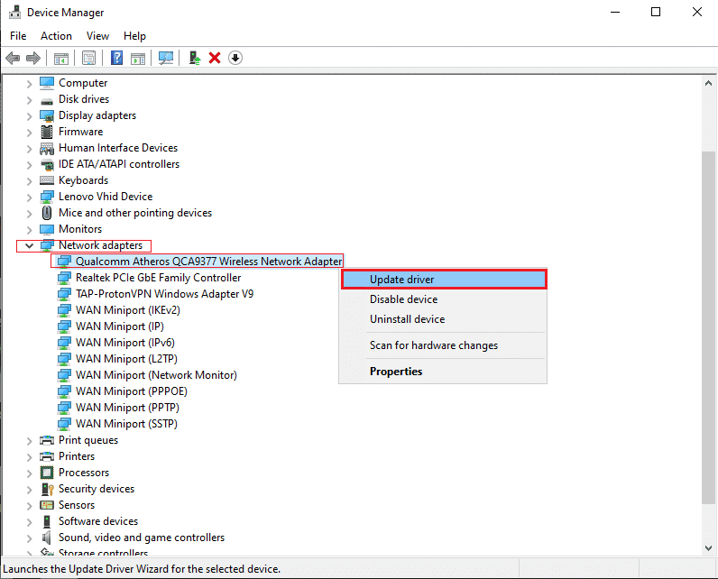 Klikněte pravým tlačítkem na síťový ovladač a klikněte na Aktualizovat ovladač.  Opravit Google Chrome STATUS BREAKPOINT Error