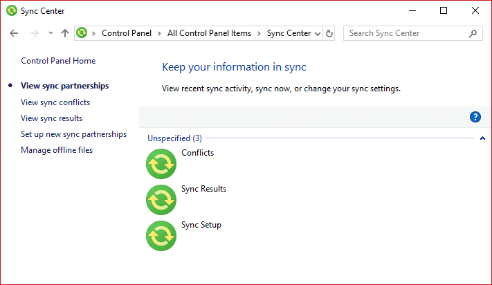 Windows 10SyncCenterでオフラインファイルを有効にする 