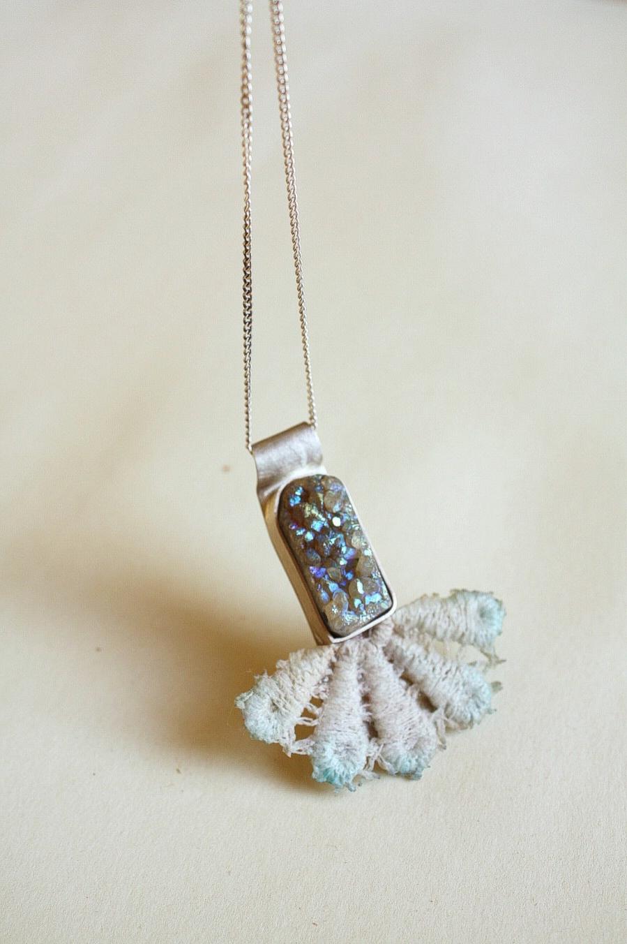 Vintage Lace Necklace sterling silver with druzy quartz stone light blue