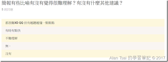 簡報有些比喻有沒有覺得很難理解？有沒有什麼其他建議？ - 有個提到有時候有點快，或許因為這樣所以不好理解？