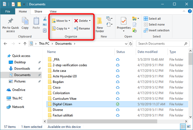 Phần Tổ chức từ tab Trang chủ của File Explorer