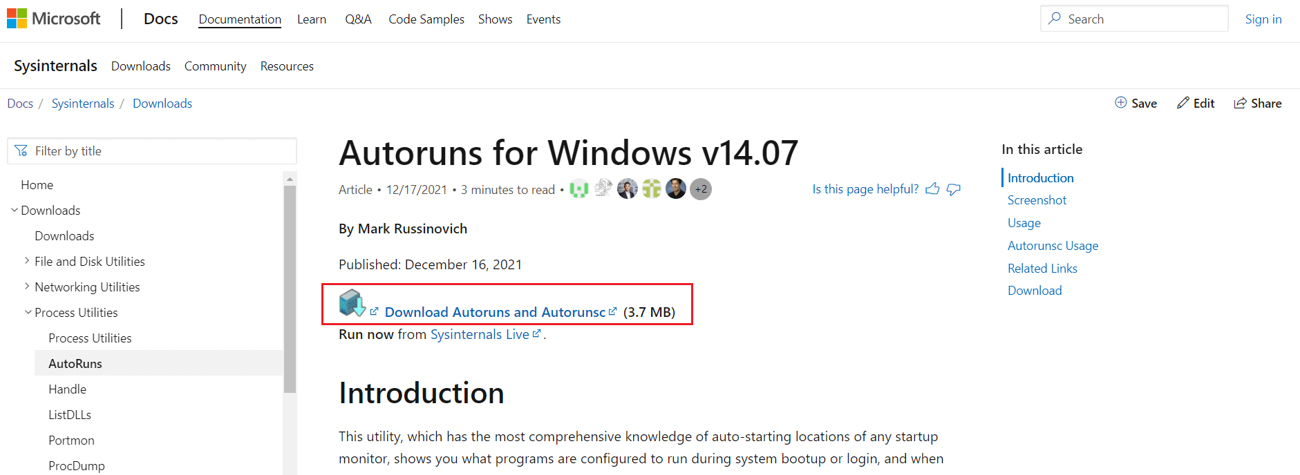 загрузите Autoruns для Windows с официальной веб-страницы