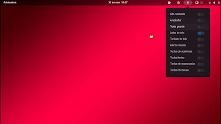 descrição da imagen, menu de acessibilidade sendo exibido na barra superior do gnome, ele é em formato de lista e contem todas as ferramentas de acessibilidade do sistema, fim da descrição