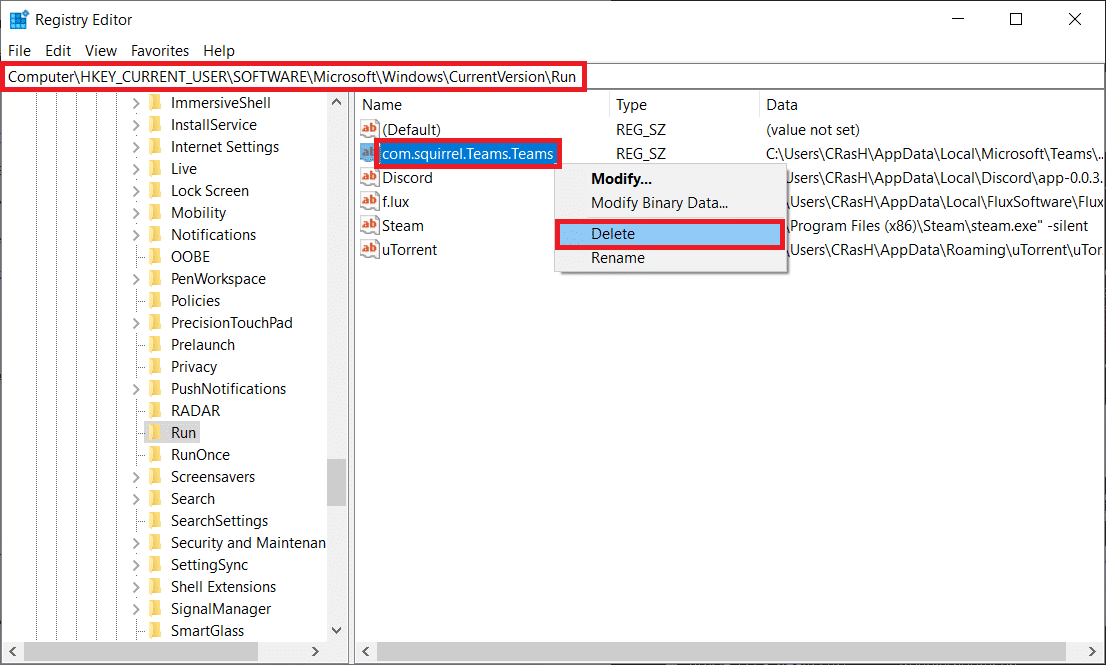 En el panel derecho, haga clic con el botón derecho en com.squirrel.Teams.Teams y seleccione Eliminar en el menú.  Cómo deshabilitar el inicio automático de Microsoft Teams en Windows 10