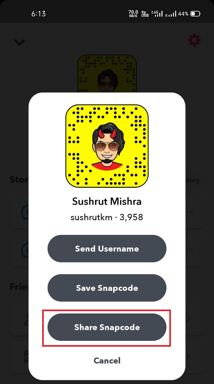 แตะที่โปรไฟล์ของคุณแล้วเลือกตัวเลือกแชร์ Snapcode  |  ค้นหาคนใน Snapchat โดยไม่ต้องใช้ชื่อผู้ใช้หรือหมายเลข