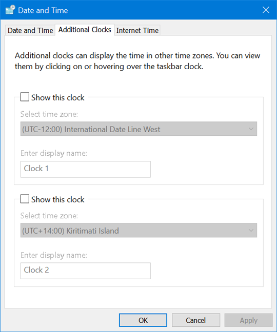 La fenêtre Horloges supplémentaires vous permet d'ajouter deux horloges supplémentaires