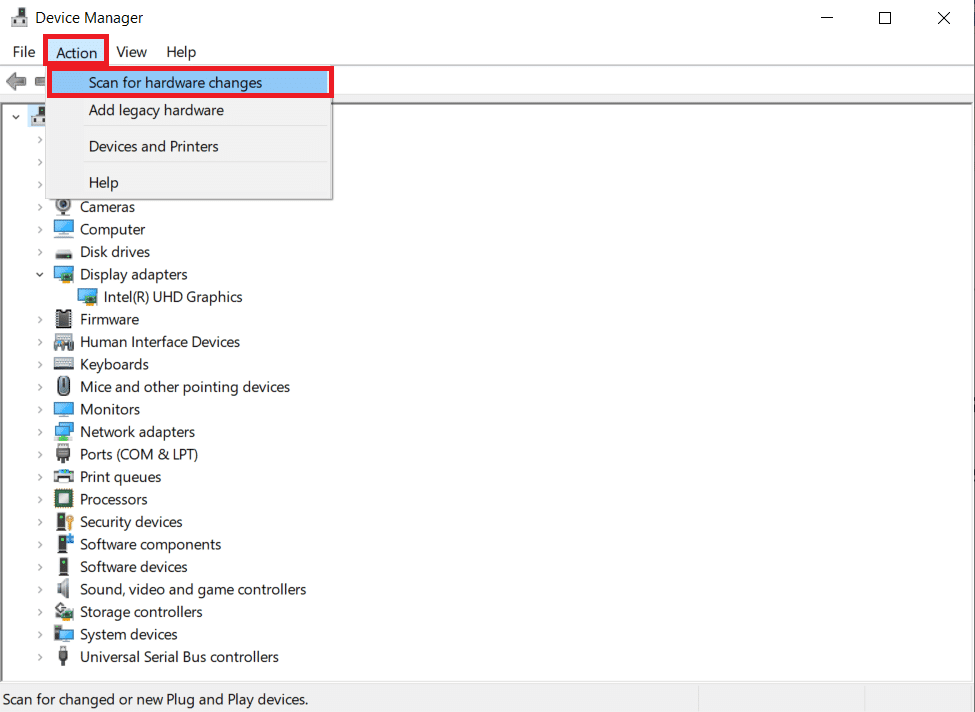 haga clic en el menú Acción y seleccione Buscar cambios de hardware