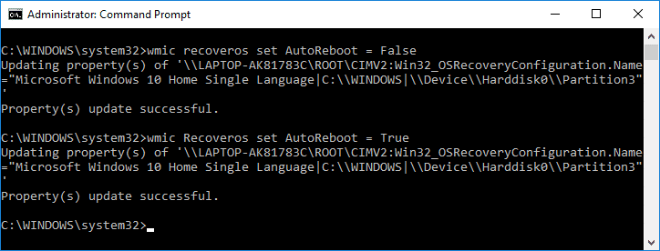 Bật hoặc tắt tự động khởi động lại khi hệ thống bị lỗi trong Command Prompt