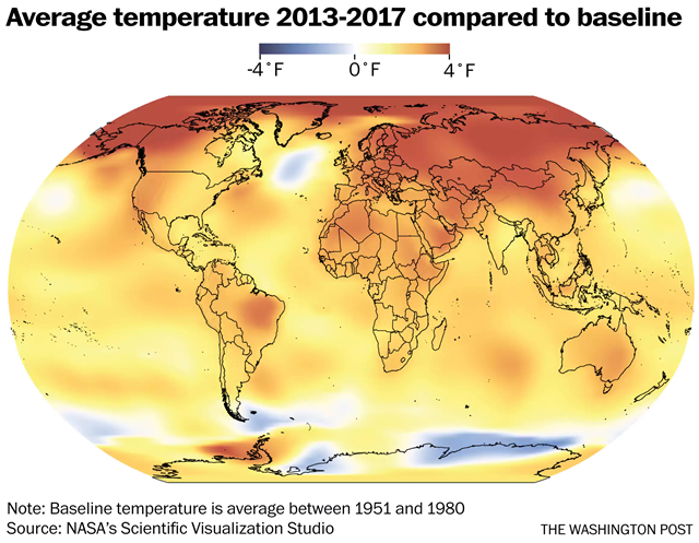 Average global surface temperature 2013-2017, compared with 1951-1980 baseline. Graphic: The Washington Post