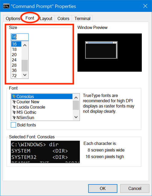 Chọn hoặc nhập kích thước cho phông chữ trong Command Prompt