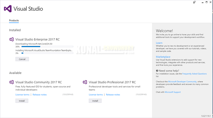 Visual Studio 2017 Installation Progress (www.kunal-chowdhury.com)