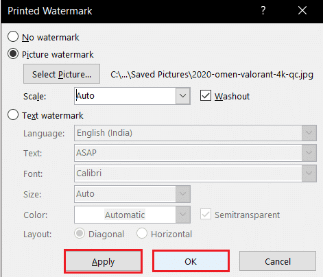 haga clic en Aplicar y luego en Aceptar para seleccionar la imagen