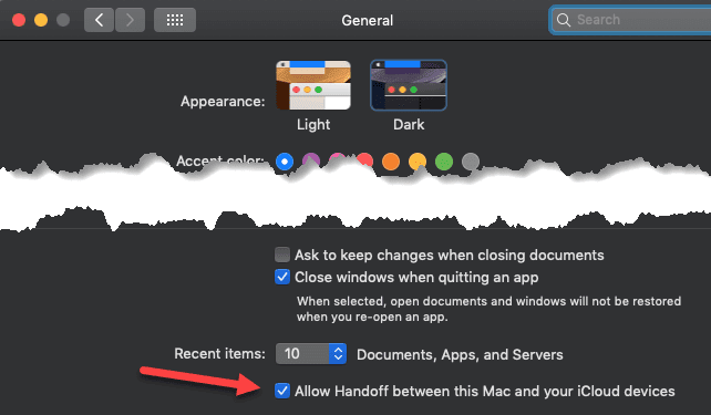 OS X: Systeemvoorkeuren / Algemeen / Handoff toestaan ​​tussen deze Mac en uw iCloud-apparaten