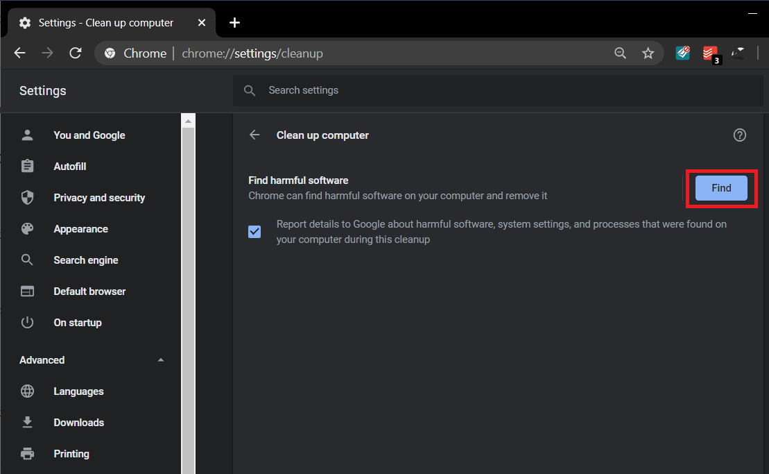 Kliknij przycisk Znajdź, aby Chrome szukał szkodliwego oprogramowania |  Napraw Google Chrome, który nie zapisuje haseł