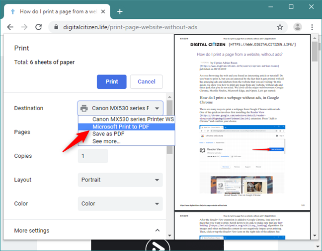 Google Chrome에서 Microsoft Print To PDF 프린터를 선택합니다.