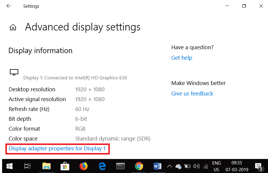 Haga clic en Propiedades del adaptador de pantalla para Pantalla 1 y Pantalla 2.