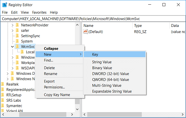 Fare clic con il pulsante destro del mouse su WcmSvc, quindi selezionare Nuovo e Chiave