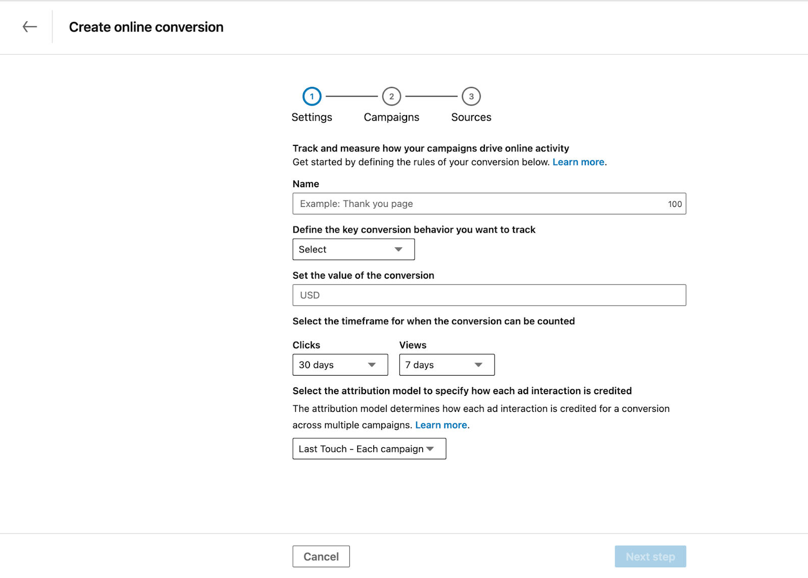 On the following pages, name the conversion, define your rules, and select the campaigns you want tracked.