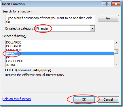 Seleccione la función EFECTO de Excel