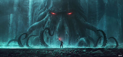 A small human figure standing in front of the face of Cthulhu, an ancient god that destroys civilizations