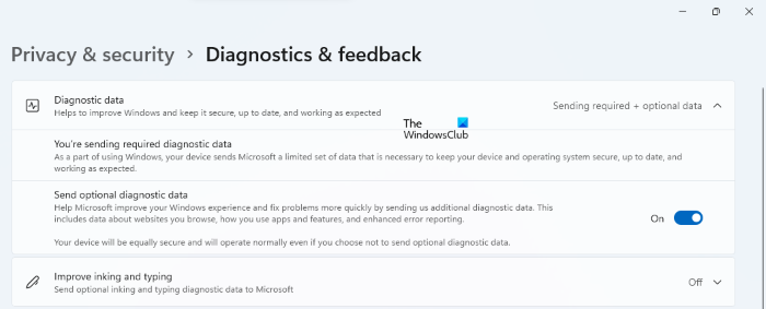 Disattiva i dati diagnostici opzionali