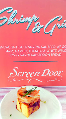 Portland Monthly Country Brunch 2016 - Brunch Bite by Screen Door of Shrimp & Grits, wild caught gulf shrimp sauteed with country ham, garlic, tomato, and white wine over parmesan spoon bread
