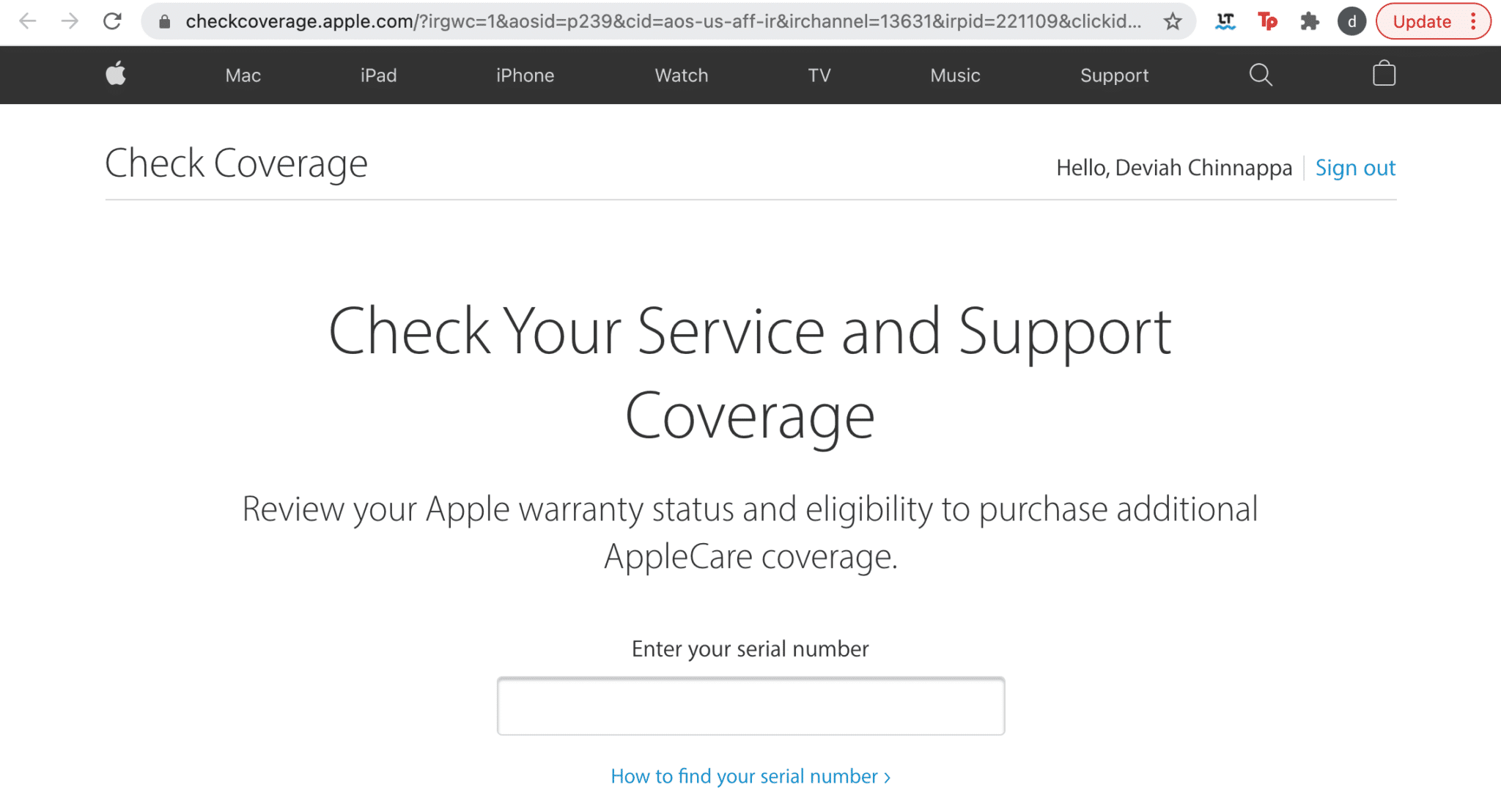 Introduzca el número de serie del dispositivo Apple.  Cobertura de servicio y soporte de Apple