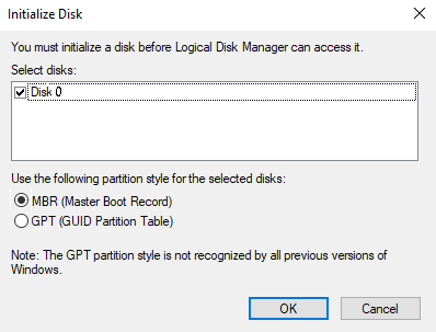 Scegli tra un Master Boot Record MBR e un GUID Partition Table GPT non appena avvii la procedura.