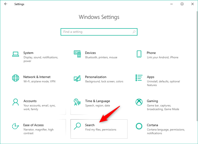 La categoria Cerca dalle Impostazioni di Windows 10