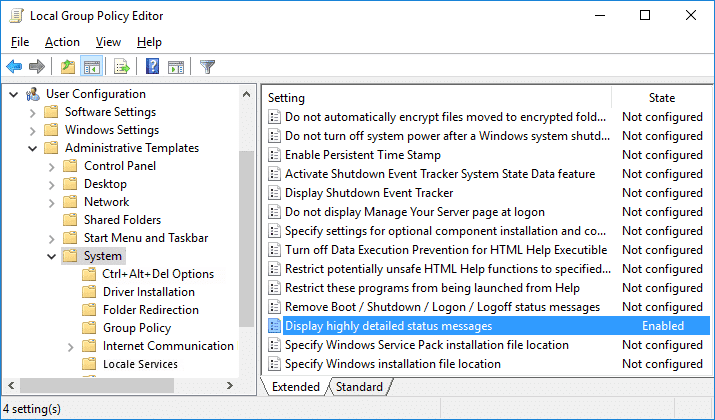 Дважды щелкните политику отображения подробных сообщений о состоянии.