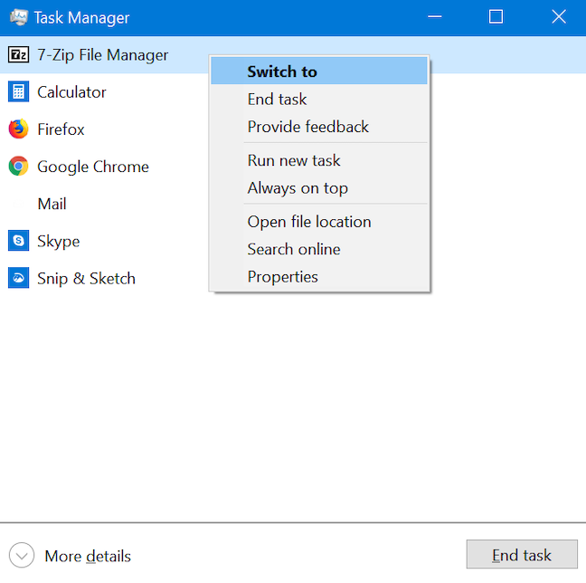 Passa tra i programmi in esecuzione dalla visualizzazione compatta di Task Manager