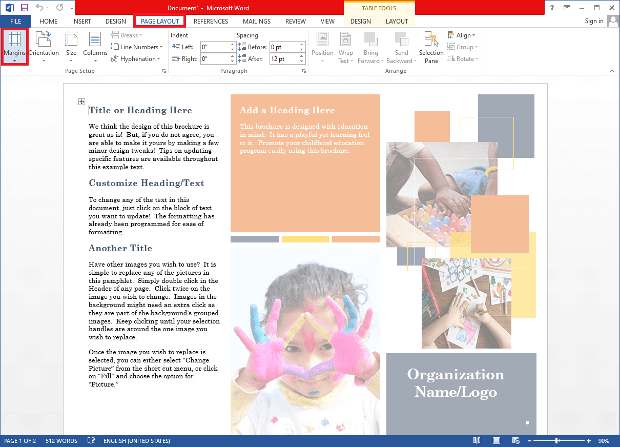 Vouw het selectiemenu Marges uit in de groep Pagina-instelling.  |  Marges van 1 inch instellen in Microsoft Word