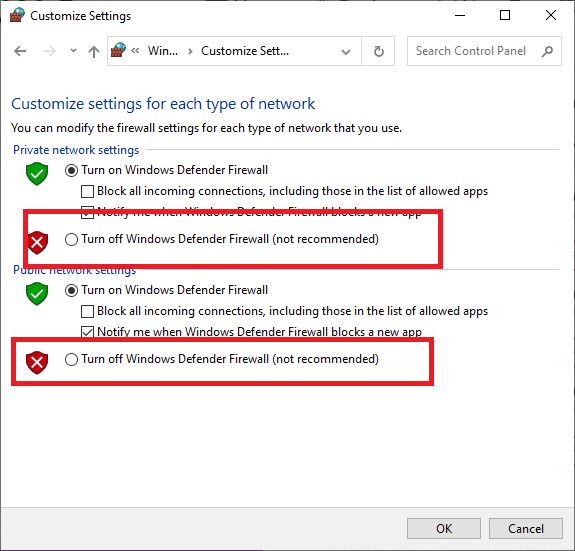 Schakel Windows Defender Firewall uit voor de 3 netwerkcategorieën, namelijk Domein, Privé en Openbaar, en druk op OK.