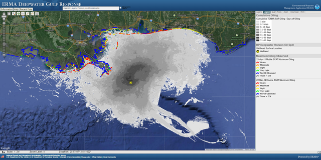 A few days into the BP Deepwater Horizon disaster, NOAA's ERMA team created a new, regional version of their web-based mapping application, incorporating data specific to the Gulf of Mexico and the rapidly escalating Deepwater Horizon oil spill. Here, ERMA shows the location of the wellhead, the days of cumulative oiling on the ocean surface, and the level of oiling observed on shorelines. Photo: NOAA