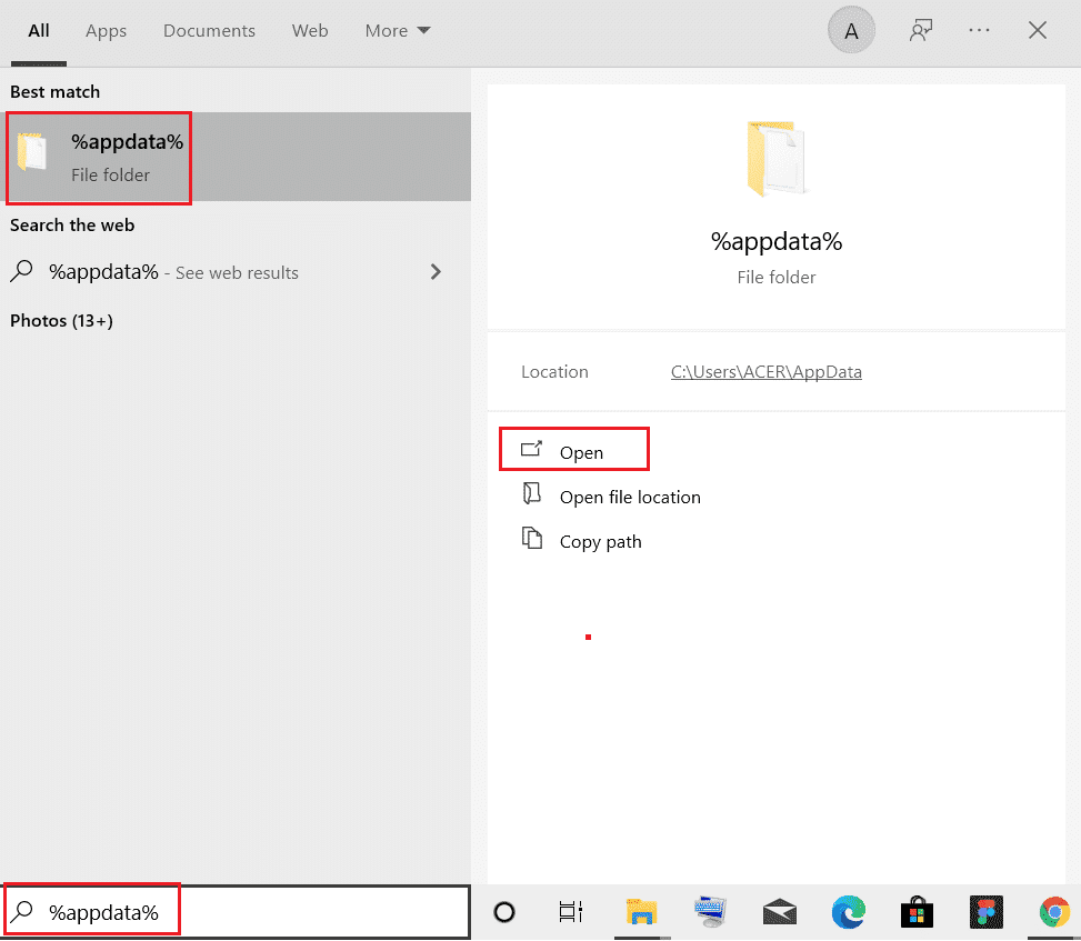 Dane aplikacji wyszukane w menu wyszukiwania.  Napraw Firefoksa SSL_ERROR_NO_CYPHER_OVERLAP w systemie Windows 10