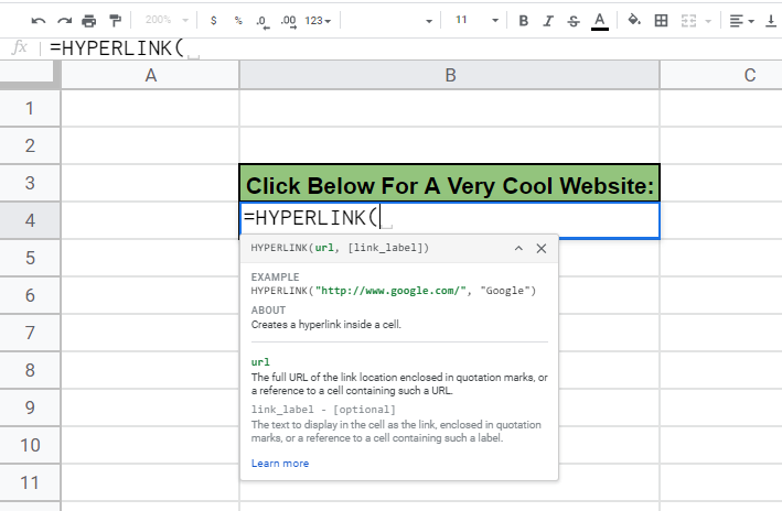 The start of the hyperlink formula, step 1 "=HYPERLINK("