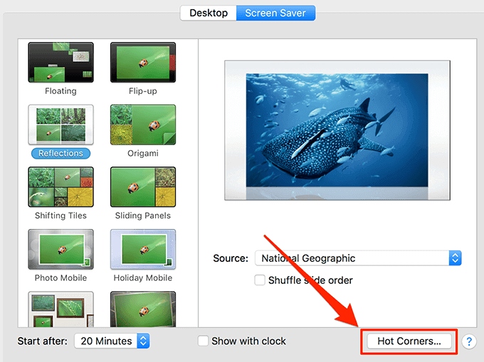 Hot Corner nella scheda Screen Saver