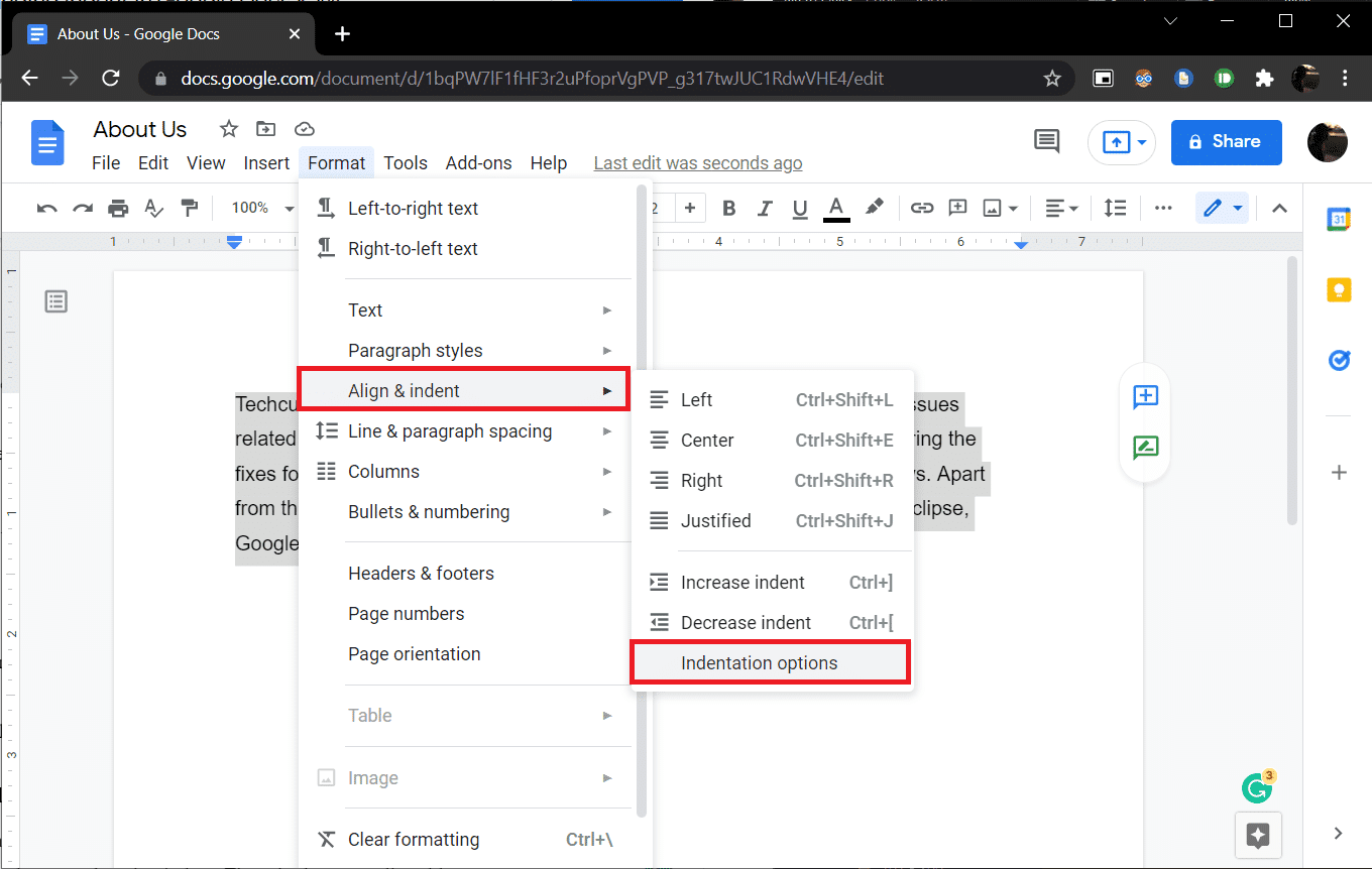 Opsi format di Google Documents.  Cara Membuat Indentasi Gantung di Word dan Google Documents