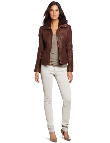 MICHAEL Michael Kors Women's Leather Zip Front Jacket, Chestnut, Small