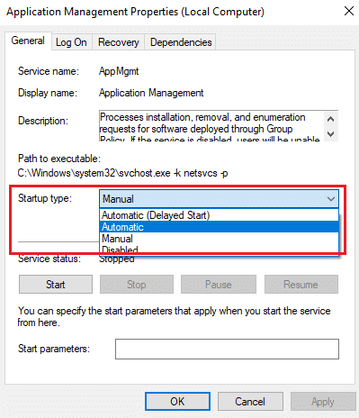 ustaw typ uruchamiania na Automatyczny