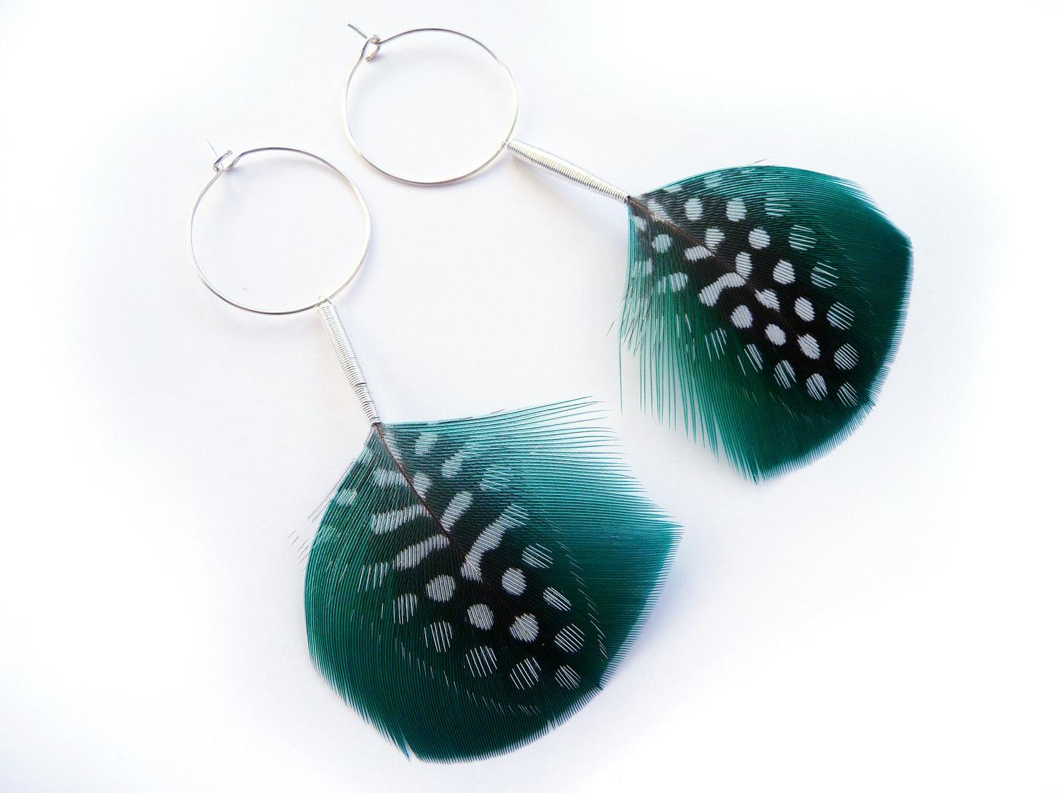 Teal Feather Earrings with