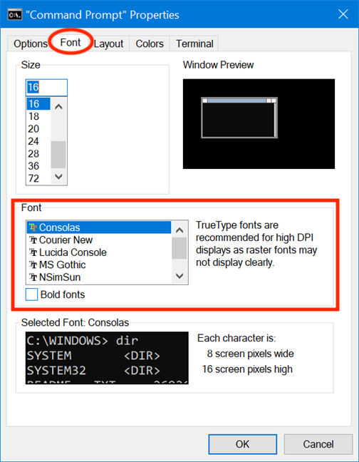 Chọn loại phông chữ cho Command Prompt